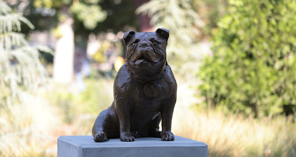 Victor E. Bulldog III statue in front of the Resnick Student Union.