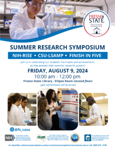 Summer Research Symposium, multiple photos of students wearing lab coats as they work in labs